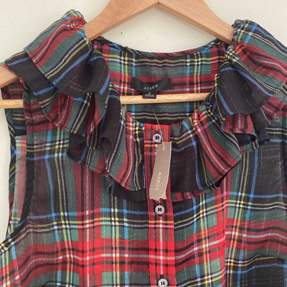J Crew Ruffle Collar sleeveless button up sheer Stewart Plaid blouse Sz S NWT